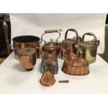 MIXED COPPER AND BRASS ITEMS, KETTLE, MOULDS, POT AND MORE