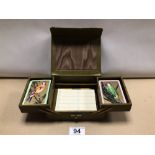 VINTAGE GREEN LEATHER CARD COMPENDIUM GAME SET. LOCK A/F.