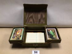 VINTAGE GREEN LEATHER CARD COMPENDIUM GAME SET. LOCK A/F.