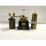 TWO COFFEE GRINDERS KENRICK NO 2 AND PEUGEOT (GO) WITH A BRASS MINERS LAMP