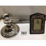 HALLMARKED SILVER CANDLESTICK WITH A MINIATURE HALLMARKED SILVER PHOTO FRAME AND TWO HALLMARKED