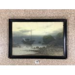 T.MASAMITSU 1900 JAPANESE WATERCOLOUR-COSTAL SCENE WITH FISHING BOAT SIGNED 32.5CM X 49CM