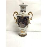 ANTIQUE CONTINENTAL TWIN HANDLE VASE WITH POLLY CHROME DECORATION, 41CM