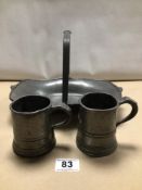 ART DECO CIVIC PEWTER (2673) HANDLED A SERVING TRAY WITH TWO UNMARKED PEWTER HALF-PINT TANKARDS.