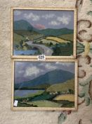 PAIR OF UNUSUAL FABRIC COLLAGE PICTURES DEPICTING RURAL LANDSCAPES INITIALLED E. P, 22 X 30CM