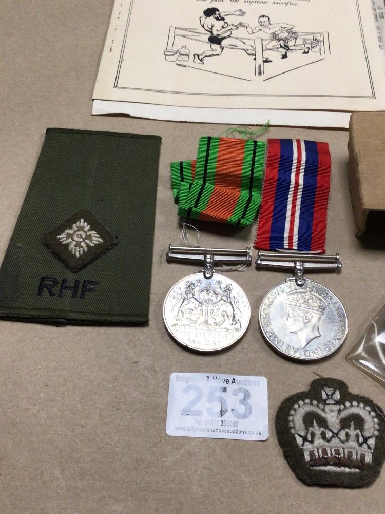 TWO WW2 MEDALS BOXED WITH LAPELS/ CLOTH BADGES, 1944 SPEECH, RE-UNION DINNER, AND T. A. COIN - Image 5 of 5