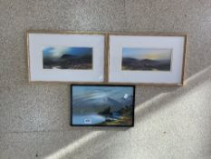 FRANK HOLMES, THREE GOUACHE DRAWINGS - PAIR MOORLAND SCENES, SIGNED 12.5 X 18.5 AND COASTAL SCENE