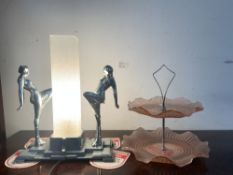 ART DECO STYLE (SABSAPARILLA) LAMP WITH A VINTAGE PINK GLASS CAKE STAND