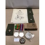 TWO WW2 MEDALS BOXED WITH LAPELS/ CLOTH BADGES, 1944 SPEECH, RE-UNION DINNER, AND T. A. COIN