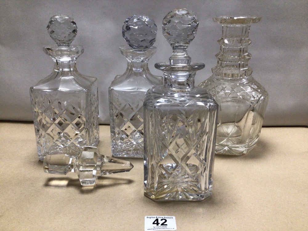 HEAVY VICTORIAN HOBNAIL CUT GLASS DECANTER AND THREE SQUARE WHISKY DECANTERS. (TWO BEING A PAIR). - Image 2 of 6