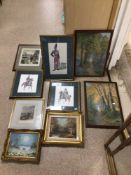 QUANTITY OF PICTURES AND PRINTS SOME SIGNED T. ALLOTT, MILITARY PRINTS, AND MORE