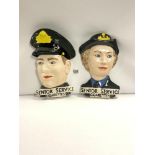 TWO VINTAGE SENIOR SERVICE CIGARETTE ADVERTISING HEADS MARKED STAFFORDSHIRE TO REAR, 33CM