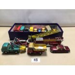 MIXED VINTAGE COLLECTION OF PLAY-WORN DIE-CAST CARS, LORRIES, AND OTHER VEHICLES. INCLUDES CORGI,