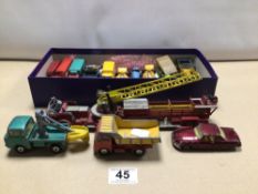 MIXED VINTAGE COLLECTION OF PLAY-WORN DIE-CAST CARS, LORRIES, AND OTHER VEHICLES. INCLUDES CORGI,