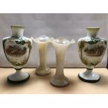 PAIR OF EDWARDIAN IRIDESCENT GLASS TRUMPET-SHAPED VASES. WITH A PAIR OF VICTORIAN OPAQUE GLASS VASES