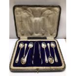 SET OF SIX HALLMARKED SILVER COFFEE SPOONS WITH A PAIR OF SIMILAR SUGAR TONGS BY MAPPIN AND WEBB (