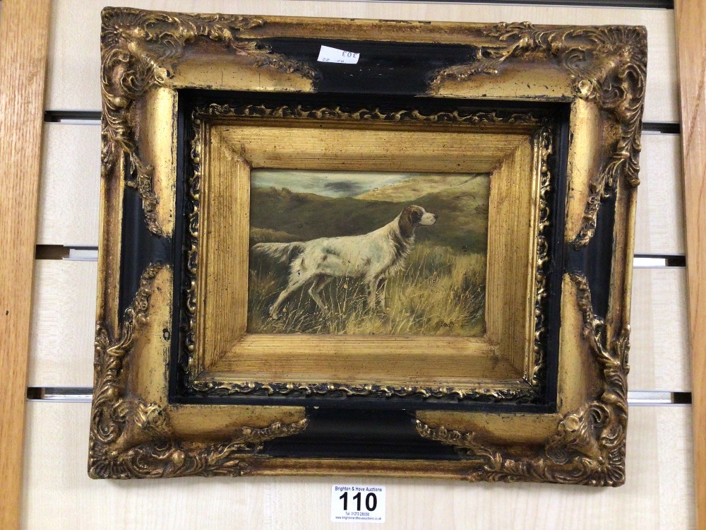 T. GROOTH SIGNED OIL ON A PANEL DEPICTING GUN DOGS IN A LANDSCAPE. ON GILT AND EBONISED FRAME.