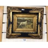 T. GROOTH SIGNED OIL ON A PANEL DEPICTING GUN DOGS IN A LANDSCAPE. ON GILT AND EBONISED FRAME.