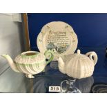 TWO BELLEEK PORCELAIN TEAPOTS (ONE COVER MISSING) WITH A BELLEEK WALL PLATE