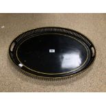 VICTORIAN BLACK JAPANNED AND GILT DECORATED OVAL GALLERIED TEA TRAY. 61CM LONG.