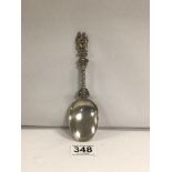 VICTORIAN HALLMARKED SILVER SERVING SPOON WITH CAST AND PIERCED TERMINAL 18CM, 1883 BY CHARLES