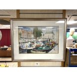 A FRAMED WATERCOLOUR OF BOATS ON A CANAL SIGNED J LIEBREGT