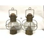 TWO VINTAGE BRASS AND GLASS LANTERNS