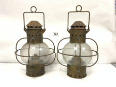 TWO VINTAGE BRASS AND GLASS LANTERNS