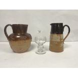 TWO DOULTON HARVEST JUGS, 17CMS & GEORGE VI GLASS