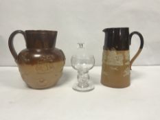 TWO DOULTON HARVEST JUGS, 17CMS & GEORGE VI GLASS