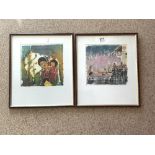 A PAIR OF FRAMED ASIAN WATERCOLOURS OF MOTHER AND CHILD AND BOATS 26 X 26 CMS