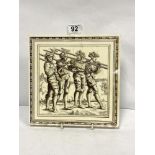 A MINTON TILE DEPICTING AXEMEN, 20 X 20CMS