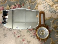 1930S BEVELLED UNFRAMED WALL MIRROR 56 X 34 CMS WITH A MODERN BANJO BAROMETER