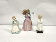 THREE ROYAL DOULTON FIGURES, 'MISS DEMURE' (HN1402), 'STAY AT HOME' (HN2207), AND 'BEDTIME' (