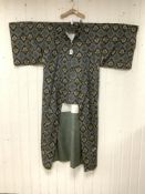 A JAPANESE BLUE/GREY AND YELLOW PATTERNED KIMONO COAT, LENGTH, 150CMS- SHOULDER 60CMS