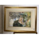 A WATERCOLOUR OF GIRLS IN A COTTAGE GARDEN WILLIAM STEPHEN COLEMAN SIGNED 34 X 50 CMS
