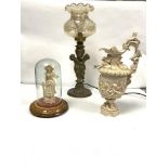 A BRASS CHERUB FIGURAL SUPPORT TABLE LAMP, 42CMS AND A PORCELAIN FIGURE UNDER GLASS DOME AND A ROYAL