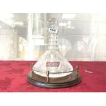 STUART CRYSTAL HOBNAIL CUT GLASS SHIPS DECANTER ON A MAHOGANY BRASS GALLERY COASTER STAND 26 CMS