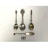 TWO HALLMARKED SILVER SPOONS WITH HALLMARKED ARTS N CRAFTS SPOON AND A HALLMARKED SILVER BUTTER