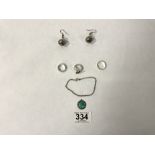 THREE SILVER RINGS, A SILVER BRACELET, SILVER ST CHRISTOPHER, AND A PAIR OF EARRINGS
