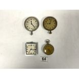 A SWISS CHROME ALARM CLOCK, A POCKET WATCH, AND TWO DESK WATCHES