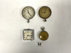 A SWISS CHROME ALARM CLOCK, A POCKET WATCH, AND TWO DESK WATCHES
