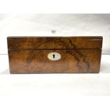 A VICTORIAN BURR WALNUT WRITING BOX, 30CM