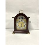 A GERMAN CHIMING-MOONPHASE MANTLE CLOCK WITH BRASS & STEEL DIAL, MAKER FRANZ-HORMLO, 26CMS