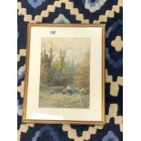 A FRAMED WATERCOLOUR ANGLERS BY A WOODLAND STEAM INITIALLED V P R 22 X 32 CMS