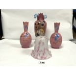 A PINK OPALINE FLORAL DECORATED VASE, 30CMS AND A PAIR OF THE SAME 22CMS WITH A GLASS SHADE