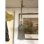 A 1950S CHROME HANGING BEADED AND SQUARE GLASS LIGHT 32 CMS LONG