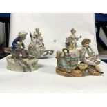 A CONTINENTAL PORCELAIN FIGURAL LIDDED POT, 26CM, A MEISSEN STYLE FIGURE FLOWER SELLER A/F AND A