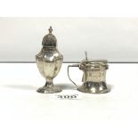 HALLMARKED SILVER CIRCULAR MUSTARD POT WITH A HALLMARKED SILVER BALUSTER PEPPER, JAMES DEAKIN AND