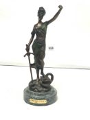 A COPY BRONZE FIGURE OF THEMIS GODDESS OF JUSTICE SIGNED MAYER TO BASE, 26CMS
